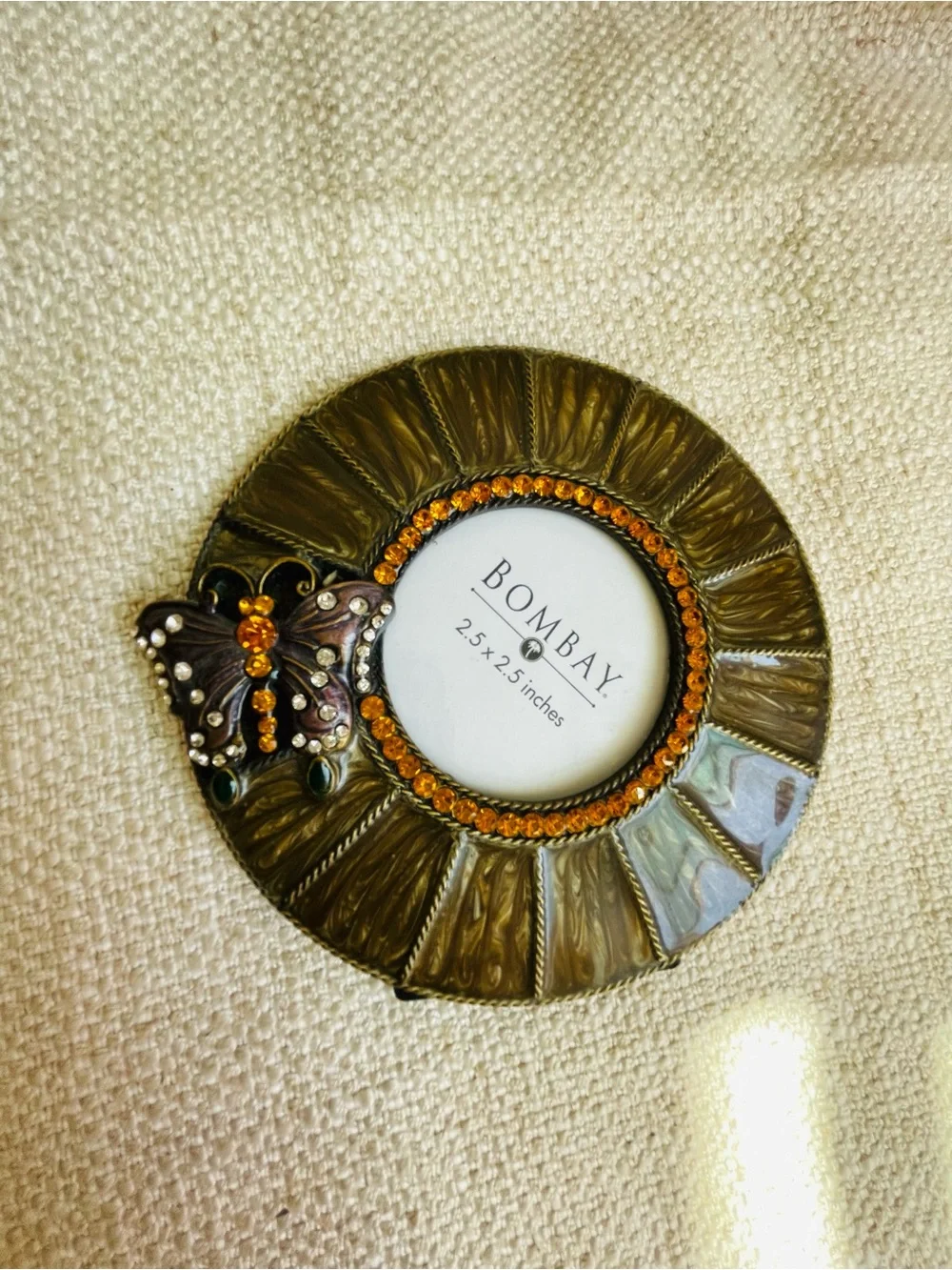 Round Butterfly Jeweled Metal Easel Picture Frame Fits 2.5